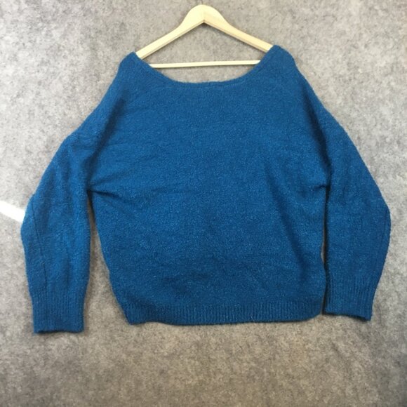 Double Zero Sweater L Oversized Slouchy Cropped V Neck Textured Boucle Knit Blue - Picture 12 of 13